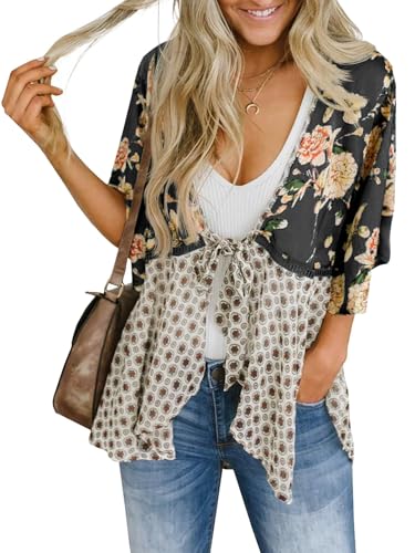 Saodimallsu Womens Tie Front Kimono Cardigans Floral Lightweight Ruffle 3/4 Sleeve Boho Flowy Beach Cover Ups Black