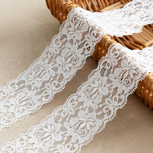 Ruban de Dentelle Blanc, 5 Yards Lace Ribbon White, Bande Dentelle Blanche, Ruban Dentelle Cadeau, Wide Ribbon Lace, pour Loisirs Créatifs, l'emballage Cadeau...