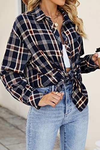 Image of CHYRII Womens Button Down Flannel Shirts Long Sleeve Plaid Shackets Business Casual Blouse Top