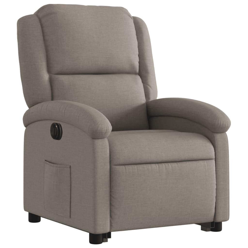 Sillón elevador eléctrico reclinable de tela color pardo con motor para elevación e inclinación automática, respaldo ajustable y reposapiés, estructura estable