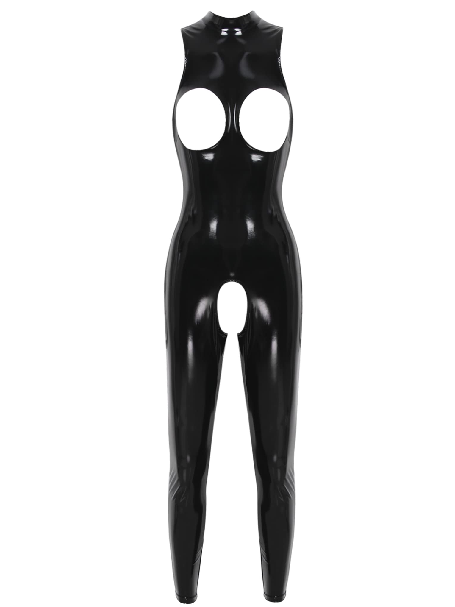 Hansber Latex Catsuit Poitrine Ouverte Entrejambe Ouvert Femmes Ouvert Fermeture Éclair Body Sans Manches Combinaison Intégrale Jumpsuit Soirée Clubwear