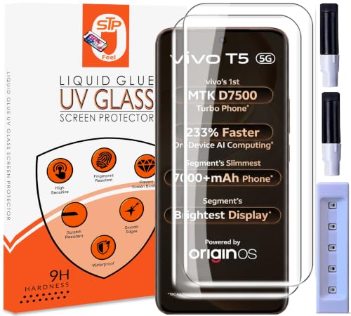 Image of STP FEEL Premium UV Tempered Glass Screen Protector Guard Compatible For Vivo T5 5G (6.83 Inch, Pack of 2) Full Adhesive UV Curved Case Friendly HD Clarity with easy installation kit for Smartphone