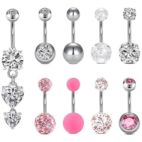 Briana Williams 9pcs Belly Button Ring 10mm Belly Button Piercing Belly Rings for Women Surgical Steel Belly Button Rings Belly Navel Rings Piercing Jewelry Silver Pink Cover