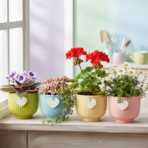 Image of Xtore Charming Pastel Ceramic Planter Set of 4 with Hanging Heart Accent | Ribbed Textured Indoor Pots for Succulents, Desk, Shelf & Home Decor (Pack of 4, Planters only)