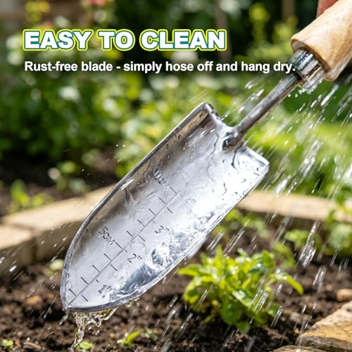 Image of Berry&Bird 4 inch Measuring Transplanting Trowel, Stainless Steel Garden Hand Shovel with Ash Wood Handle & Leather Hanging Loop, Heavy Duty Gardening Tool for Digging, Planting, Potting & Loosening Soil