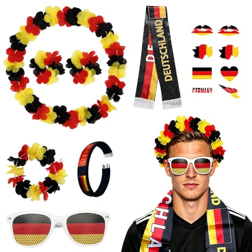 SGZIOO 7-Teilig Deutschland Fanartikel, Fanpaket EM Fußball, EM Deko Deutschland, Fanartikel Deutschland Set mit Fanschal, Blumenkette, Brille, Armreif