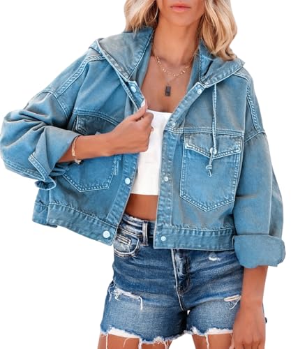 Women's Denim Jacket Jean Lightweight Trendy Soft Oversized Cropped Hooded Jacket