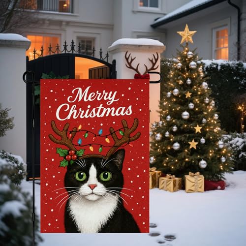 Image of BlissYard Christmas Garden Flag 12x18 Inch Tuxedo Cat Holiday Yard Flag with Reindeer Antlers Double Sided Winter Cat Banner for Outdoor Lawn Patio Decor