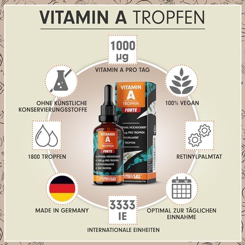 Vitamin A Tropfen FORTE für Erwachsene - 1000 µg pro Tropfen - laborgeprüft und vegan - optimale Dosierung - 1800 Tropfe
