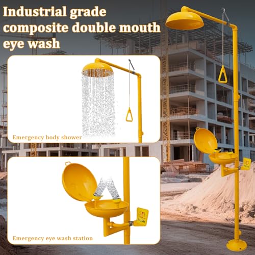 Image of Emergency Shower Eye Wash Station Safty Shower Combination Eye Wash Station with Shower, NPT Thread, 304 Stainless Steel+Yellow Coating with Emergency Sign First Aid Eyewash Station (Yellow)