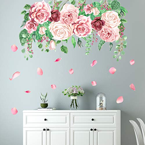Peony Flowers Wall Decals Rose Flower Green Leaves Stickers Diy 3D Removable Floral Rose Skirting Wall Art Murals For Kids Baby Girls Bedroom Living Room Nursery Kitchen Office Room Decoration (Pink) #TOP3