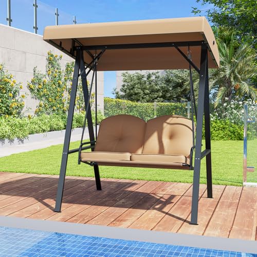 Image of Tangkula 2 Person Porch Swing, Patio Swing with Adjustable Canopy, Heavy-Duty Metal Frame & Soft Cushion, Outdoor Swing for Backyard, Garden (Beige)