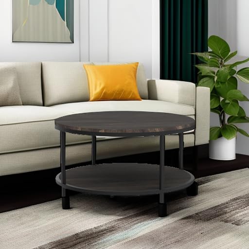 Image of NSdirect 36 inches Round Coffee Table, Rustic Wooden Surface Top & Sturdy Metal Legs Industrial Sofa Table for Living Room Modern Design Home Furniture with Storage Open Shelf(Rustic Brown)