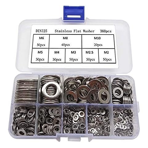 Flat Washer, 360pcs Assorted Flat Washers M2 M2.5 M3 M4 M5 M6 M8 M10 Washers for Screws Stainless Steel Washers Kit Insulating Round Spacer for Home Decoration Factories Repair Cover
