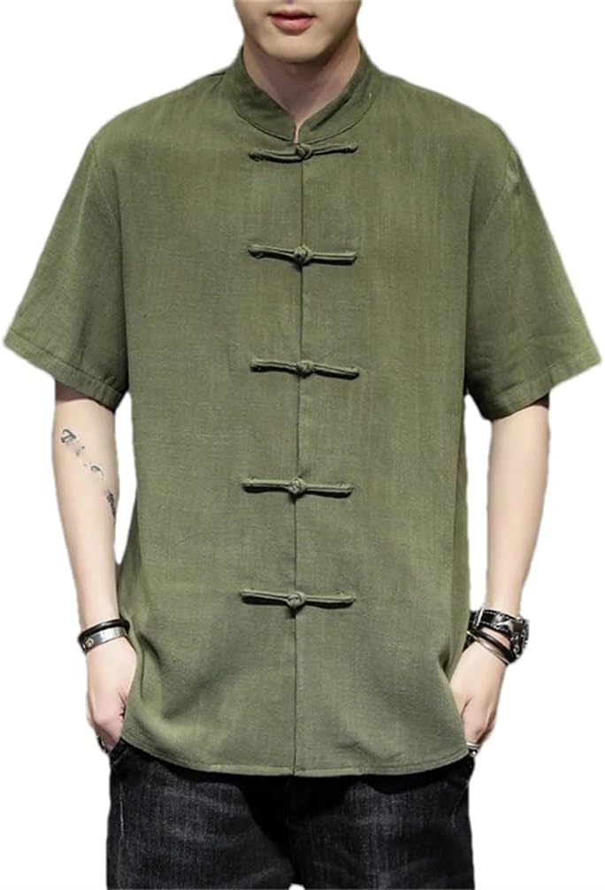 Chinese Traditional Clothes Tang Suit Men Short Sleeve Casual Loose Solid Color Hanfu