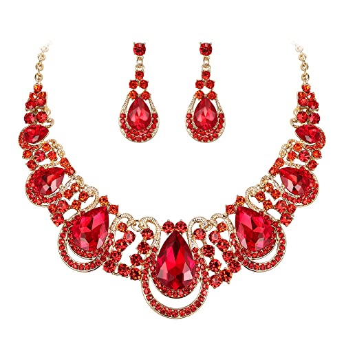 BriLove Costume Fashion Jewelry Set for Women Crystal Teardrop Hollow Scroll Statement Necklace Dangle Earrings Ruby Color Gold-Tone