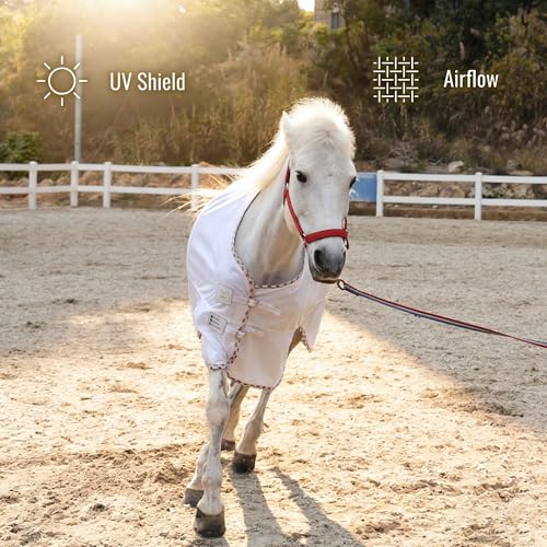 Image of BARN & STABLE Breathable and UV Protective Tear-Resistant Mesh Horse Fly Sheet Comfy Equine Summer Sheet with Removable Web Leg Straps (White - Curvy Fit, 72 in)