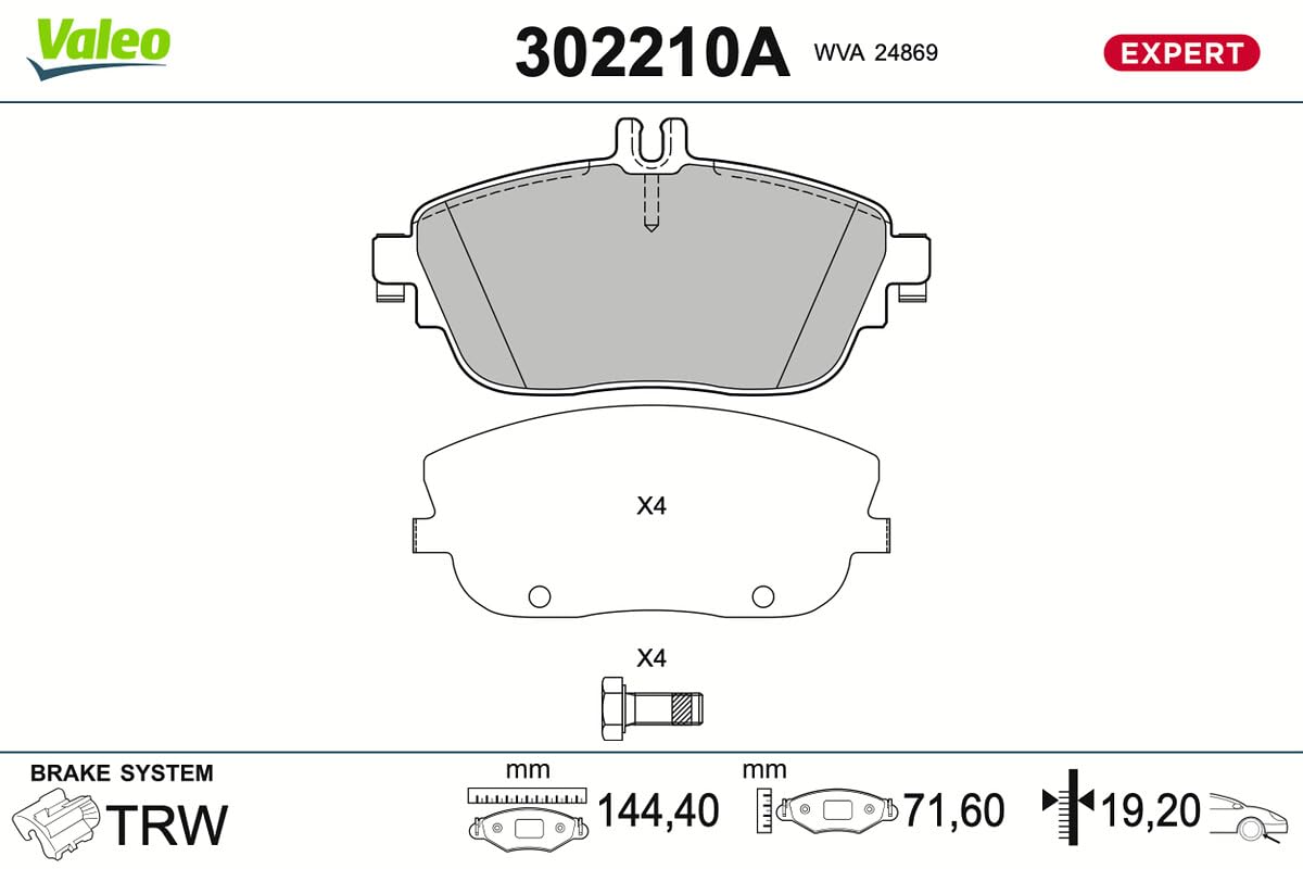 Valeo Jeu de 4 Plaquettes de Frein Expert 302210A, Essieu Avant
