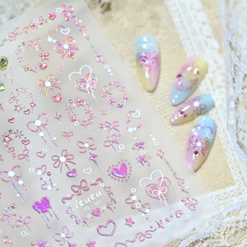 Image of Valentine's Nail Stickers Heart Nail Art Stickers Romantic Rose Gold with Bow Design Pink Nails Decals 5D Embossed Self Adhesive Nails Charms Supply for Women Manicure DIY Decoration