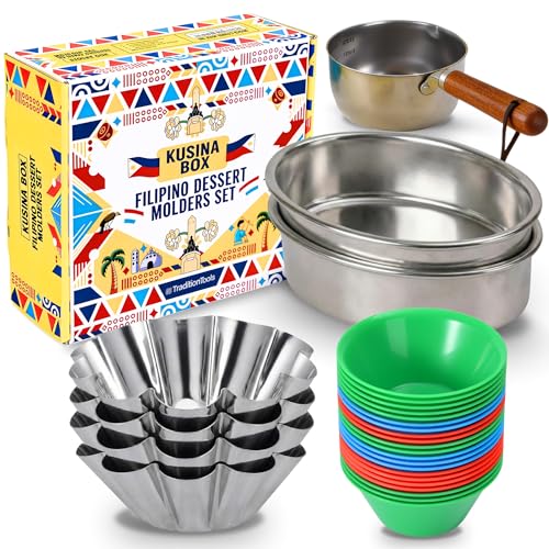 TraditionTools Filipino Molders Set: 20 Puto Molder Filipino 2 Llanera Leche Flan Molder Filipino 4 Bibingka Ensaymada Molds Measuring Cup - BPA Free & Food Graded Material