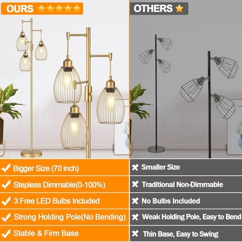 Dimmable Floor Lamp, Industrial Floor Lamps for Living Room, Gold Tree Lamp Standing Lamp Tall Lamps with 3 Elegant Teardrop Cage Head & 800 Lumens LED Bulbs for Living room Bedroom Office Dining Room - Image 3