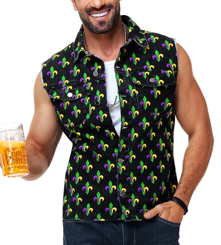 Image of AOBUTE Mens 4th of July Denim Vest American Flag Print Sleeveless Jean Jacket