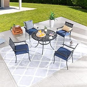 LOKATSE HOME 5 PCS Outdoor Patio Dining Set 4 Armchair with Cushions and 1 Round Table with 2.04″ Umbrella Hole, Blue