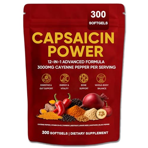 GXSAE Capsaicin Power - Cayenne Pepper Softgels Supplement Supports Leg Vein Digestive & Gut Health with Vitamin D3+K2 Beetroot Grape Seed and Other Extracts 300 Capsules (1)