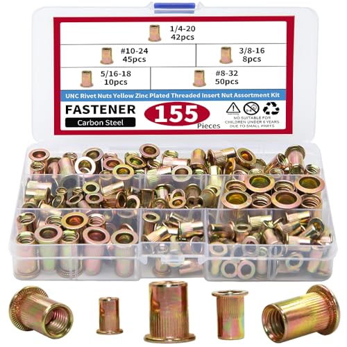 155PCS Rivet Nut Kit, Rivet Nuts Rivnuts 1/4-20#8-32#10-24 5/16-18 3/8-16, SAE UNC Rivnuts Nutserts Assortment Set