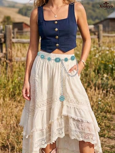 Image of Turquoise Chain Belt for Women, Western Cowgirl Concho Belt | Turquoise Concho Accents with Silver Chains for Western, Cowgirl, Rodeo, Festival and Denim Looks