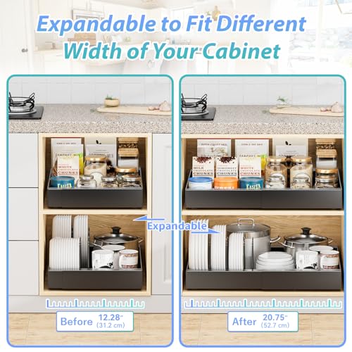 OVICAR Expandable Cabinet Organizer Drawer - Pull Out Cabinet Drawers 21\" Deep Adhesive Slide Out Storage Shelf with 4pcs Divider Racks for Kitchen Pantry Bathroom Home, 12.2\"-20.7\" W, Black
