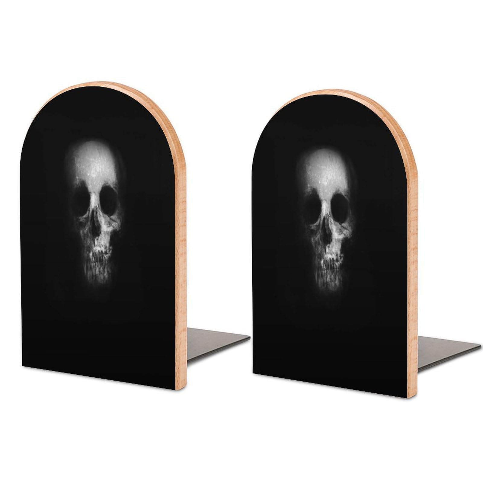 Skull Isolated On Black Background Scary Horror Wallpaper Beech Wood Bookends Heavy Duty Book Organizers Desktop File Holder for Office Home Bookshelf