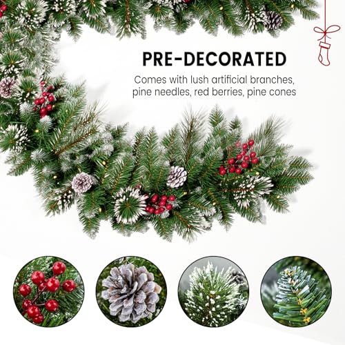 Trepcrow Christmas Garland with Lights, 9FT Pre Lit Garland Christmas with Remote Control, Holiday Decorations Wreath for Fireplace, Mantel, Stair, Xmas Tree, Front Door, Outdoor (9ft/2.7m) - Image 2