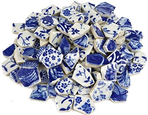 Lanyani Broken Ceramic China Tiles Assortment Blue and White Porcelain Pieces for Mosaic Craft, Cover 11x11 inches