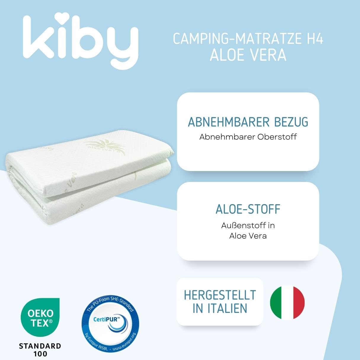 Kiby® Reisebettmatratze 120x60cm | Höhe 4 cm | (Oeko-TEX® & Certipur™ Zertifiziert) aus Aloe Vera, aufrollbar