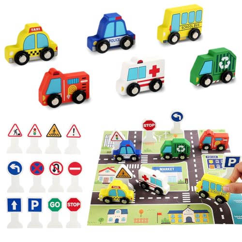 Veicoli in legno e cartelli stradali per segnali stradali, set