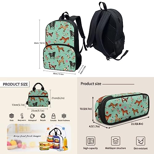 Cute Girls Backpack with Lunch Box Pencil Case Multi Pockets Large Green Floral Horse School Backpack and Lunch Bag Set for Girls Student Lightweight Basic Comfy Book Bag 17 Inch4