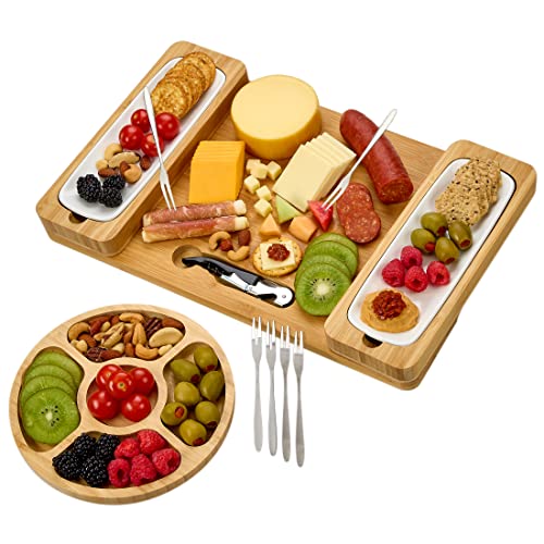 Bamboo Cheese Board Set - Charcuterie Boards Serving Platter - Magnetic Removable Side Boards - Gift For Housewarming, Anniversary, And Birthdays - Total Of 3 Boards, 1 Round Tray, Wine Opener + Forks #TOP15