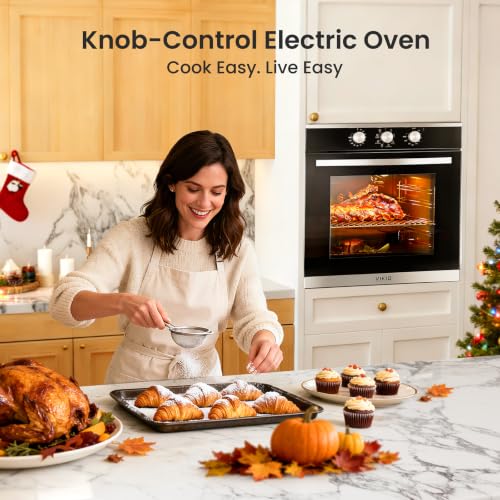 Image of VIKIO HOME Single Wall Oven 24 inch, 2.83 Cu.Ft-80L with 8 Functions Built-in Electric Ovens, 240V, 3220W Fast Preheat, Mechanical Knob Control for Easy Cooking