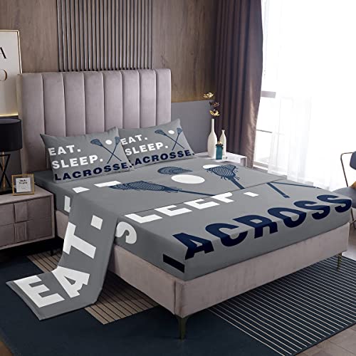 Lacrosse Bed Sheet Set Boys Gilrs Ball Sports Theme Sheets Set Full Size for Kids Adults Ultra Soft Lacrosse Player Games Sheets with Deep Pocket Fitted Sheet Gray Bed Set Room Decor