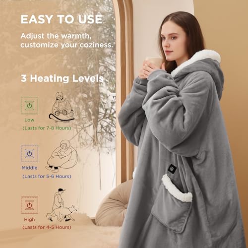 Bedsure Heated Wearable Blanket Hoodie - Cordless Sherpa Heating Hooded Blanket As Winter Gifts For Women Mom With Battery Pack 7.4V thumb #2