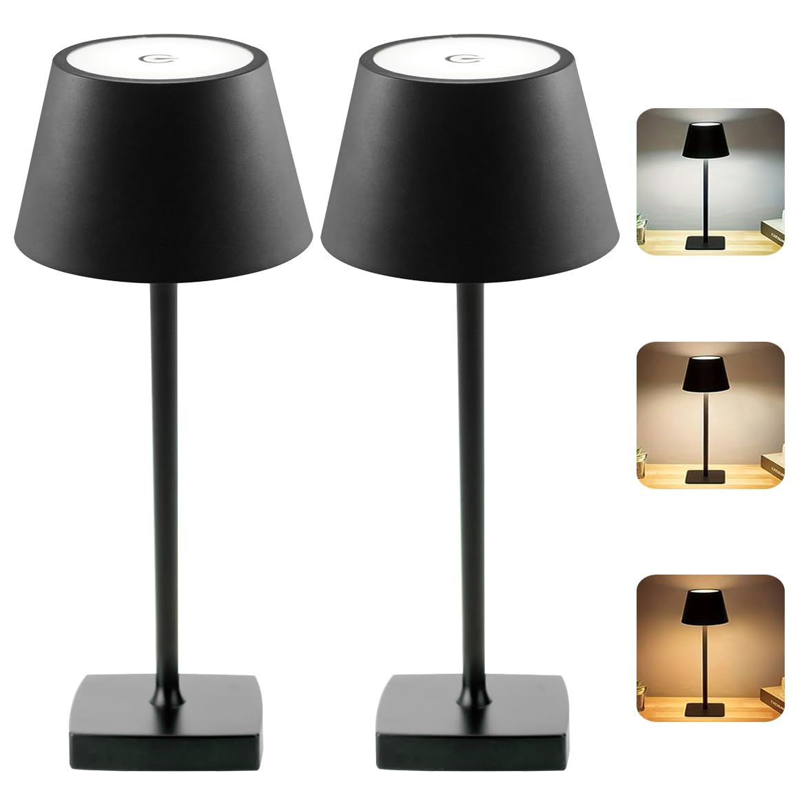 2 Pièces Lampe de Table Sans Fil Rechargeable Led, Tout Métal Lampe Sans Fil Rechargeable 4000mAh, 3 Températures de Couleur, Contrôle Tactile pour Chevet, Interieur, Exterieur