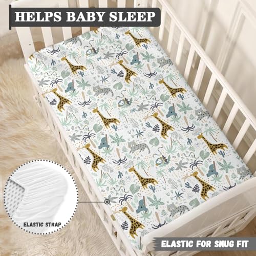 Image of Giraffe Baby Crib Sheets for Boys Girls Animals Fitted Crib Sheet for Standard Crib and Toddler Mattress Green Leaves Baby Mattress Sheets Toddler Bed Sheet 52x28x8 in