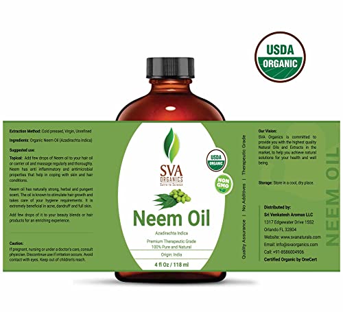 Sva Organics Usda Certified Neem Oil 4 Oz | Very Strong & Herbal Aroma |100% Pure, Dark & Unrefined, Skin & Hair, Surface Hygiene, Ayurvedic Body Massages, Overall Wellness. #TOP1