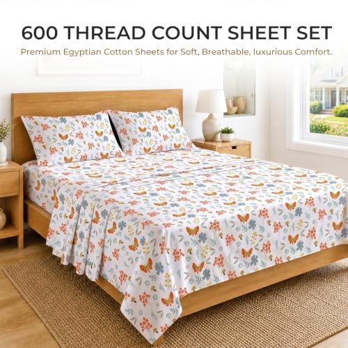 Image of SGI bedding 100% Egyptian Cotton Sheets Twin XL Size - 600 Thread Count Sheets Set, Soft, Cooling, 15 inch Deep Pocket, Luxury Hotel Bedding, Breathable, Durable -Butterfly Garden