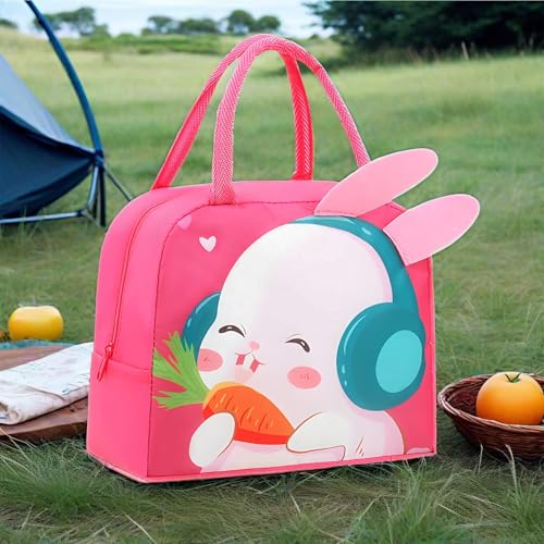 Image of 3D Printed Insulated Lunch Bag | Hot & Cold Leak Proof Thermal Tiffin Storage Bag for Office, School, Kids (Pink Rabbit)