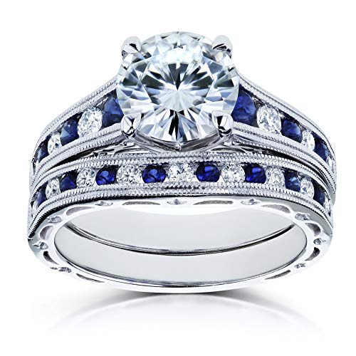 Kobelli Forever One (D-F) Moissanite Bridal Set and Sapphire 2 7/8 Carat in 14k White Gold