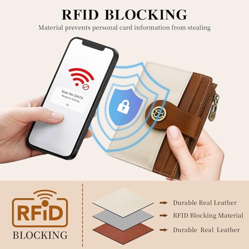 Image of Leather Wallet Women,RFID Blocking Small Wallet for Women Bifold Compact Slim Wallet Card Holder With Zipper Coin Pocket(Whitebrown)