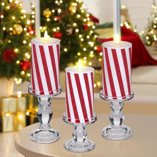 Image of Baquler 3 Pcs Christmas Flameless Candles Pastel Candy Cane LED Pillar Candle Peppermint Glitter Red and White Battery Operated Candlestick for Xmas Party Holiday Table Home Decoration(Thick Stripe)