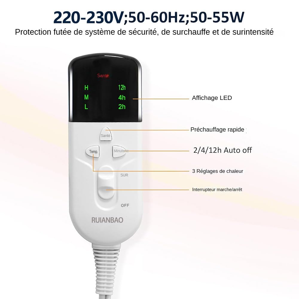 Manta eléctrica RUIANBAO Manta eléctrica de franela de doble capa con temporizador Almohadilla térmica 220 V 150 x 80 cm Colchón térmico Calentador de cama